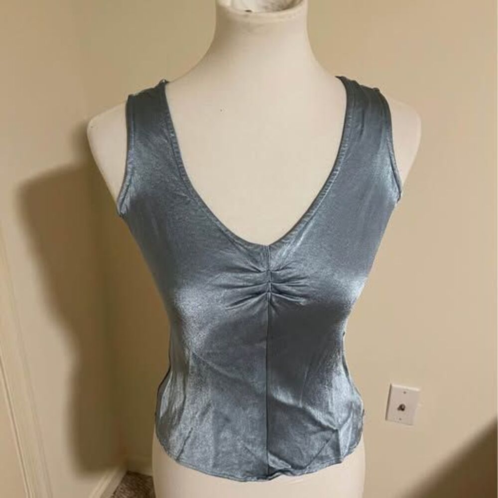 Vintage Hu-la-la! Silvery Blue Ruched V-Neck Tank Top Size S